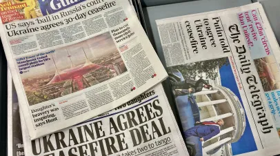 Stack of newspapers with Ukraine related headlines
